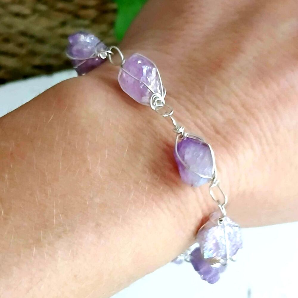 Aura Amethyst Crystal Bracelet, Wire Wrapped, 8" Boho Statement - Picture 4 of 8